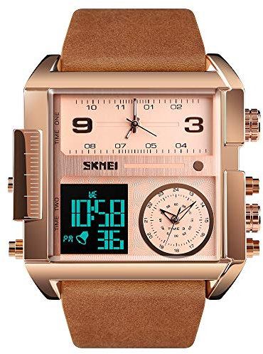 SKMEI Montre de sport numérique pour homme - LED carrée - Grand cadran analogique - Quartz - Avec plusieurs fuseaux horaires - Étanche - Chronomètre, Or rose marron, Numérique