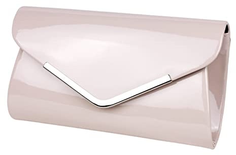 Schompi Vintage Damen Lack-Tasche Abendtasche Clutch Bag mit abnehmbarer Schulterkette Kettentasche, Farbe:Beige