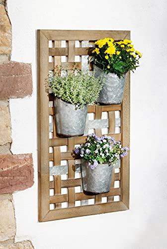 Dekoleidenschaft Wandpflanzer Geflecht Holzrahmen mit 3 Pflanzkübeln aus Metall, Wanddeko, Blumentopf, Wandblumentopf, Wandhängetopf, Blumentopf, Pflanztopf, Blumenkübel, Garten-Deko für Draußen