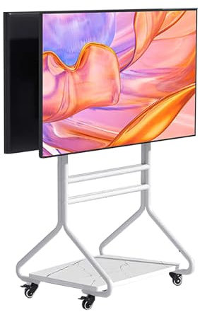 Carrello TV Mobile For Schermi, Carrello TV Mobile Portatile Su Ruote, Altezza Regolabile, Supporto Girevole Con Supporto Inclinabile E Girevole, Angolo Adatto, Esterno, Dormitorio(White)