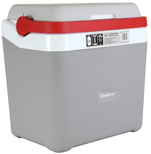 Koolatron Ice Chest Cool Box w/Locking Carry Handle, 25L, 32 Can Capacity Portable Picnic Cooler, Gray and Red, For Snacks, Lunch, Day Trips, Camping, Boating, Travel