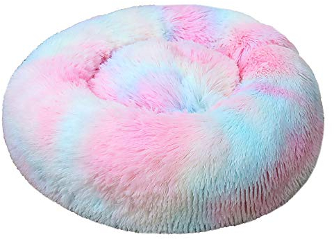 FANSU Hundebett rund Hundekissen Plüsch weichem Hundesofa rutschfest Base Katzenbett Donut Größe und Farbe wählbar (Tie-Dye bunt,50CM)