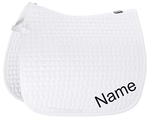 Eskadron weiße Cotton Dressur-Schabracke mit individuellem Namen Bestickt, Schriftart:Comic, Garnfarbe Maderia:Steel 1840
