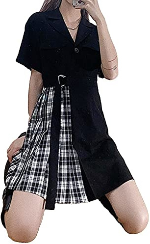 Mfacl Niedliche Lolita Kleid Rock Sommerkleider Kurzarm Kleid Frauen Plaid Womens Koreanische Stil Trendy Elegant Casual Neue (Color : Black, Size : S)