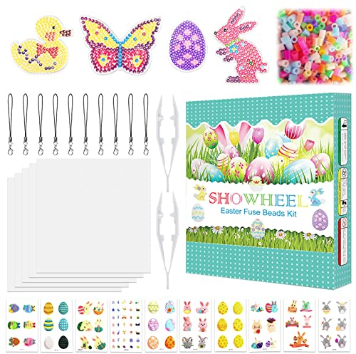 SHOWHEEL Bügelperlen Set Ostern, 2000 bunte Bügelperlen (5 mm), 4 Stiftplatten, 8 Muster Vorlagen, für Kinder, unisex, nicht zusammenklappbar