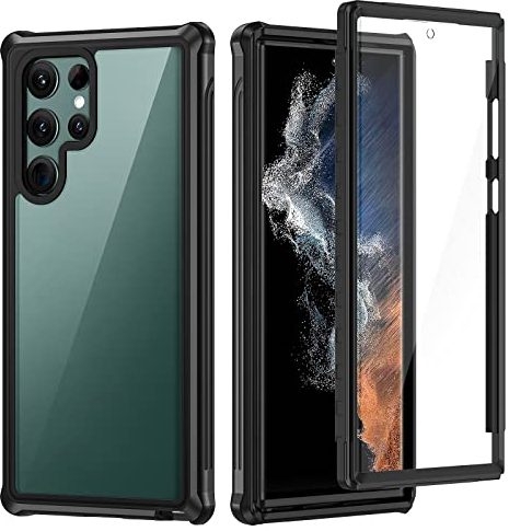 seacosmo für Samsung Galaxy S22 Ultra Hülle [mit Eingebautem Displayschutz] 360 Grad vollschutz Handyhülle S22 Ultra 5G Stoßfest Rugged Case, Schwarz