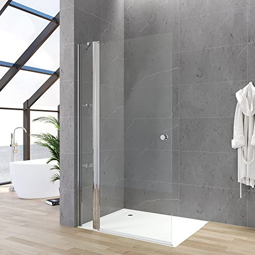 Duschabtrennung Duschwand Glas 115 x 187 cm Walkin Dusche Duschtür rahmenlos Drehtür Schwingtür mit Festteil und Eckregale begehbare Dusche Glaswand Echtglas 5 mm klar | ohne Magnetprofil