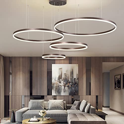 Pendelleuchte LED Esstisch Lampe Mit Fernbedienung Hängeleuchte Dimmbar Höhenverstellbar Kronleuchter Wohnzimmer Pendellampe Metall Ring Acryl Deckenleuchte Esszimmer Hängelampe Küchen,Braun,4 rings
