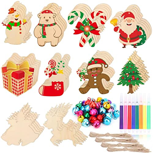 Zayvor 138 Weihnachtsbasteln Set Weihnachten Holz Anhänger Holzanhänger Weihnachtsanhänger Weihnachtsbaum Dekohänger Zum Bemalen Christbaumschmuck Tannenschmuck Stift Marker Glöckchen Zwirnseile