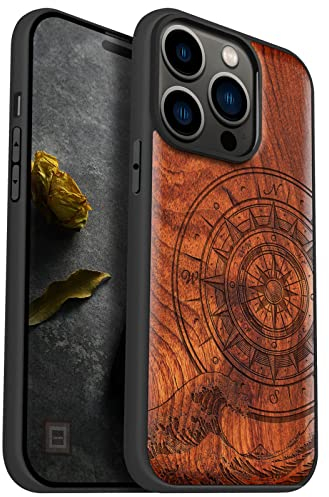 Carveit Handyhülle für iPhone 14 Pro Holz Cover kompatibel MagSafe mit Massivholz für Apple 14Pro Case Stoßfeste Stoßstange Weich TPU hulle（Pflaumenfarbe-Der Kompass vor Kanagawa Waves）