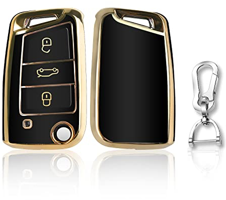 QBUC Goldener Rand Autoschlüssel Hülle für VW, Drei Tasten Autoschlüsselkasten, Auto kratzfestes Schlüsselgehäuse,Schlüsselhülle Cover für VW Polo, Skoda, Tiguan, MK (A-Schwarz)