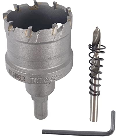 WELDINGER Lochsäge Hartmetall 42 mm für Stahl Edelstahl NE-Metall Guss mit Zentrierbohrer Auswurffeder Montageschlüssel (Bohrkrone)