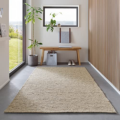 TacaHome Wollteppich Handweb Teppich Gewalkt I Reine Schur-Wolle im Skandinavischen Design I Wohnzimmer Schlafzimmer Esszimmer Kinderzimer Büro | 130 x 190 cm Natur Grau Meliert