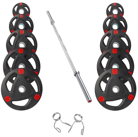 Strongway® Olympic 50KG 70KG 100KG Tri Grip Weight Plates Sets with 6FT 7FT Barbell - 2 Inch (2) / 50mm Hole - Rubber Coated Cast Iron Weight Lifting Bar (100KG SET + 7FT BAR)