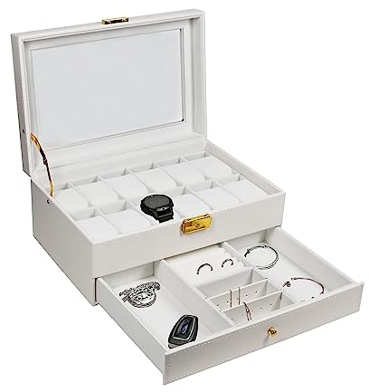 Ogrmar Aufbewahrungsboxen für Uhren, 12 Fächer, PU-Leder, abschließbar, für Damen und Herren, Schmuck, Schubladenbox, 2-stöckiger Organizer, Uhrenvitrine mit Glasdeckel (weiß)