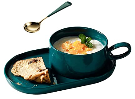 XOUVY Ceramic breakfast plate set, 14 oz. soup cup with handle for sandwich coffee cereal serving bowl
