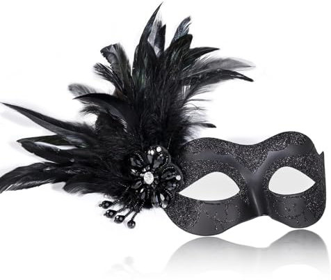 MYSEUNI 2025 Schwarze Maskerade-Masken für Damen mit Federn – venezianische Maske für Maskerade-Party, Karneval, Halloween, Cosplay, Abschlussball, Weihnachten