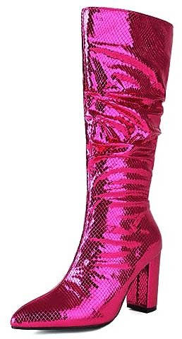 LIPIJIXI DaHerren Metallic Slouch Knee Hohe Stiefel Block Heel Pointed Toe Faux Crocodile Lange Stiefel Hot Pink Snake Printing Lack Leder Stiefel Size 35