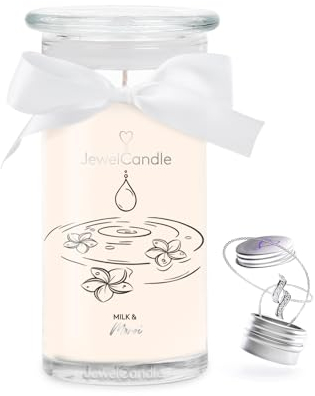 JuwelKerze Milk & Monoi Halskette Silber - große Schmuckkerze 80 Std - Duftkerze mit blumigem Duft - Kerze mit Schmuck - Geschenke für Frauen, Geburtstag