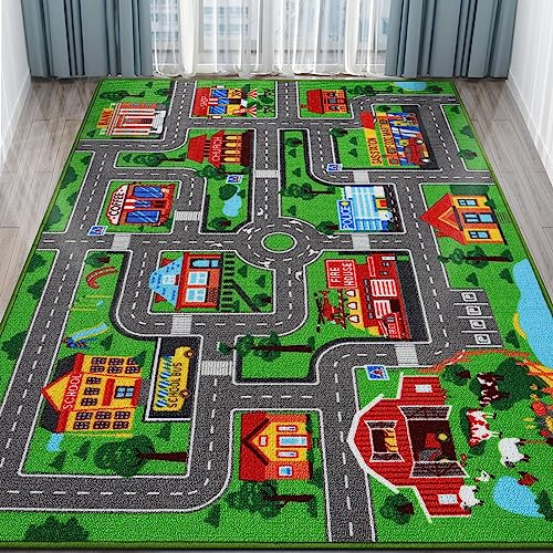Kids Carpet Playmat Rug 78.7x59, Car Rug for Kids Cars, Non-Slip Town City Road Map Kids Rug for Playroom Bedroom Boys, Kids Cars Road Rugs, Track Carpets (78.7X59Inch,Green)