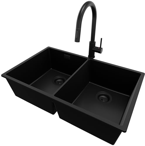 PRIMAGRAN Unterbauspüle ab 80er Unterschrank + Küchenarmatur, 76x47cm | Set: Küchenarmatur BW9010 + Ablauf-Set (Siphon, Ablaufgarnitur, Überlauf) + Spülbecken 2 Becken - London Twin, Alles Schwarz