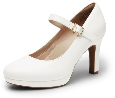 DREAM PAIRS Women's Pumps Close Toe Classic High Heels Round Toe Comfortable Low Platform Mary Jane Dress Shoes,Size 5.5,White,SDPU2425W
