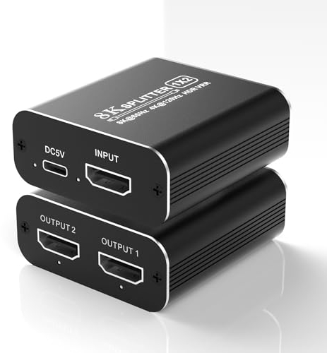 HDMI 2.1 Splitter 8K@60Hz, HDMI Splitter 1 in 2 Out 4K@120Hz, HDMI Splitter für Dual Monitore HD Copy Identical Display, Support EDID, 48Gbps, HDCP 2.3, VRR,ALLM,HDR,Dolby Vision
