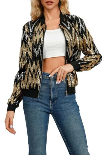 KBOPLEMQ Bomberjacke Damen Langarm Reißverschluss Pailletten Jacke Crop Festival Party Damen Glitzer Jacke Hiphop Langarm Bomberjacke Fliegenjacke Bikerjacke Outwear in Schwarz Gold