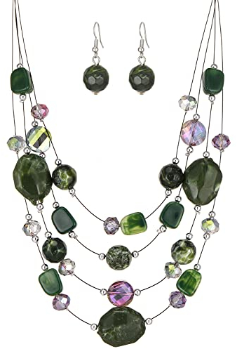 FULU AUTUMN Chunky Statement Kette Damen Mehrreihige Perlenkette und Ohrringe Modeschmuck Set für Frauen Mama Frau Oma Muttertags Geschenk(2-Army Green)