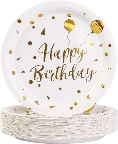 EVYIENEN 50 Stück Happy Birthday Weißgold Pappteller,17,8 cm Partyteller Goldfolie Party Einweg-Dessertteller-Set,Pappteller Geburtstag, Party Teller Set für Picknicks,Abschlussfeier