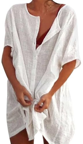 Minicoco Women Beach Cover Up Button Down Shirt Dresses Cotton Shirt Long Beachwear Swimsuit Bikini Cover-Up Casual Short Sleeve Beachwear Kimonos Bathing Suit White