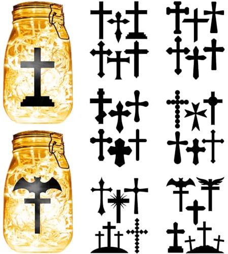 CREATCABIN 12 Blatt 6 Stile Kreuz-Einmachglas-Abziehbilder,Christliche Aufkleber,Stanzschnitte,Silhouetten,Selbstklebend,PVC,Wasserdicht,Für Bastelarbeiten,Sammelalben,Laternen,Gläser,Wand,20x15cm