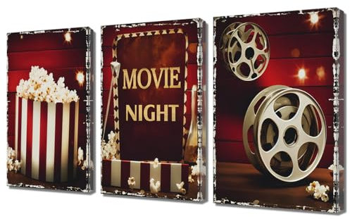 ZQQART Filmnacht Leinwanddrucke 3 teilig Vintage Filmschild Popcorn Rollen Bilder klassisches Modeposter für Kino Theater Wohnzimmer Heimwanddekoration (30x40cmx3)