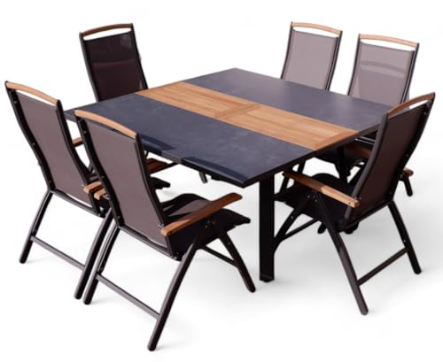 ALEOS. Gartengarnitur Gartenset Aluminium Teak Set mit quadratischem Ausziehtisch 150x110cm auf 150cm ausziehbar + 6 Hochlehner anthrazit Trinidad