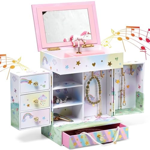 Jewelkeeper Kinder-Schmuckschatulle – Einhorn-Thema – Musik-Schmuckschatulle mit Schubladen – künstliches Holzmaterial – inklusive ausgefallenem Spiegel und drehbarer Figur – perfekt für Mädchen