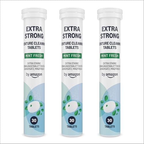 by Amazon Tabletas Limpiadoras de Dentaduras Extrafuertes, 3 paquetes de 30 tabletas, Menta Fresca