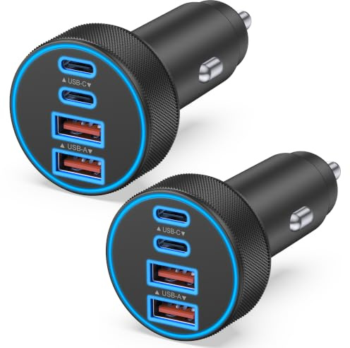 2 Stück Kfz-Ladegerät USB C, 4 in 1 90 W Schnellladung 4-Port Auto Telefon Ladegerät