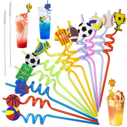LXBCTOP 12 PCS Football Plastic Straws, Straws Drinking Plastic with Detachable Patterns, Curly Straws with 2 Cleaning Brushes, Football Decoration Reusable Straws Drinking for Milk Juice Cocktails