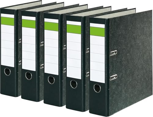 Papiertiger Ordner Nature mit farbigem Rücken aus Graukaton im Wolkenmamor Design, Rückenschild klassisch grüner Balken (Promo, Schwarz, 5 Stück | 8cm Breit)