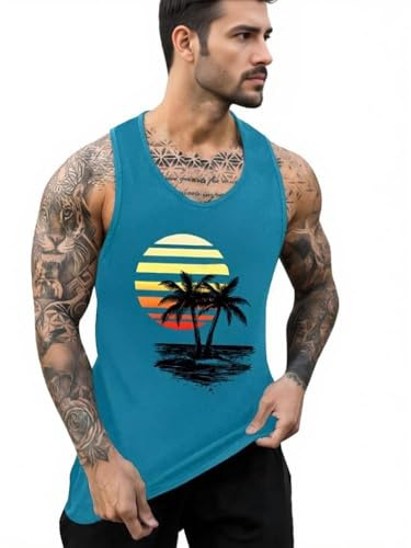 Mens Vest Tops Cotton Summer Hawaiian Printed Round Neck Beach Mens Holiday Vests Casual Sleeveless Tshirt Men