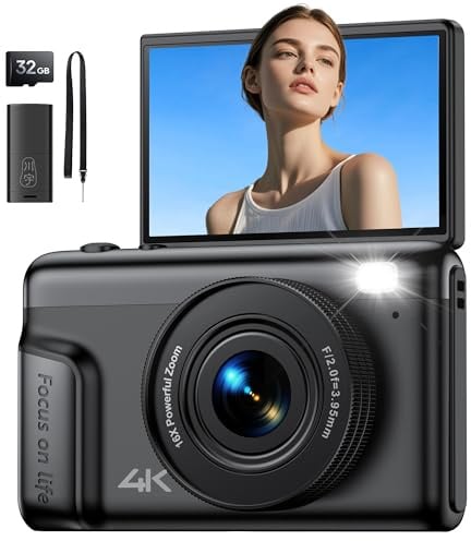 Digitalkamera 4K Fotokamera 64MP Kamera: Vlogging Fotoapparat für Videos mit 3 Klapp-Bildschirm Tragbare Batterie Kompaktkamera mit 16X Digitalzoom 32GB Karte für Kinder Anfänger Studenten Schwarz