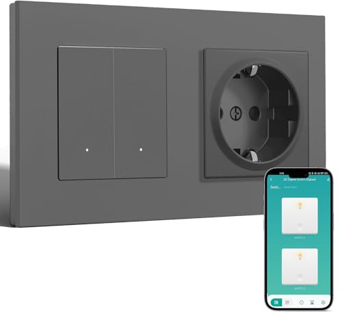 BSEED Smart Zigbee Schalter mit Normal Steckdose, Smart Lichtschalter mit Steckklemme, Funktioniert mit Alexa & Google Home, PC Rahmen, Zigbee Hub & Neutralleiter Erforderlich, 2 Fach 1 Weg, Grau