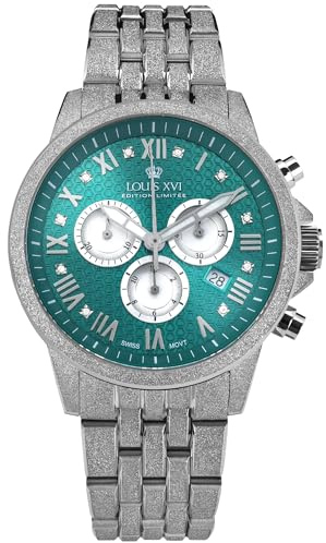 LOUIS XVI Aramis Frosted 2.0 3625 - Ø 43 mm - Herren Uhr - Wasserdicht - Armband Silber - Zifferblatt Aurora Green mit Diamanten - Schweizer Quarzwerk