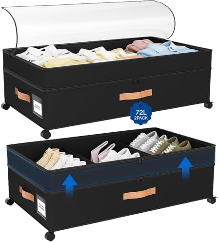 KLINTOS Under Bed Storage on Wheels – 2 Pack 72L XXL Underbed Storage Drawers, Adjustable 10in High Closet Organizers with Lid, Large Underbed Boxes for Clothes, Shoes, Blankets & Toys（Black）