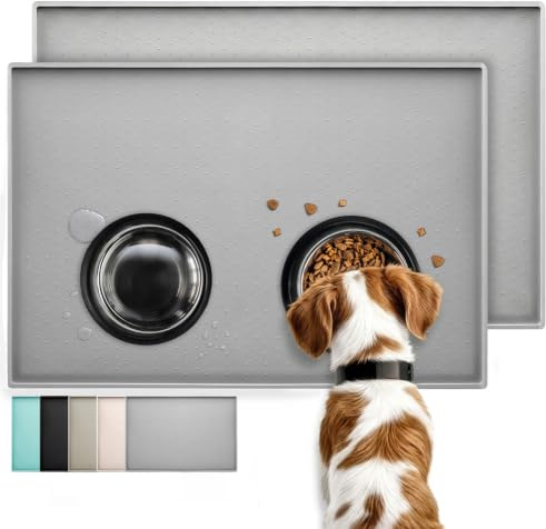 Conlun Hunde und Katzen Futtermatte 48x30 cm,2er-Set | Wasserdichte Haustier Futtermatte mit Erhöhtem Rand, Verhindert Auslaufen und Spülmaschinenfest, Grau