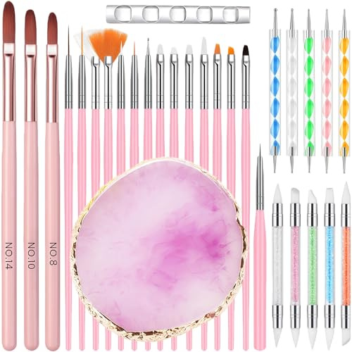 Nail Art Brushes Set - 30Pcs Nail Art Tools with Acrylic Brushes, Palette Pen Holder, Dual Head Manicure Carving & Dotting Pen Kit for Gel Polish Nails, Salon & Home Use