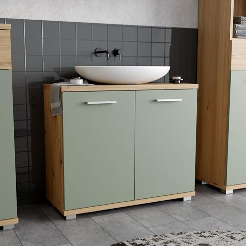 Forte CHAMP Waschbeckenunterschrank 70, moderner Badschrank mit 2 Türen, Aussparung für Siphon, Badezimmer, Holzwerkstoff, Artisan Eiche Holzdekor mit Salbei, 69,9 cm breit x 62 cm hoch x 28,9 cm tief