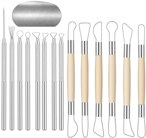 15 PCS Pottery Tools for for Ceramic and Wax Carving | Stainless Steel and Wood Clay Tools for Pottery Sculpting Texturing Modeling Carving
