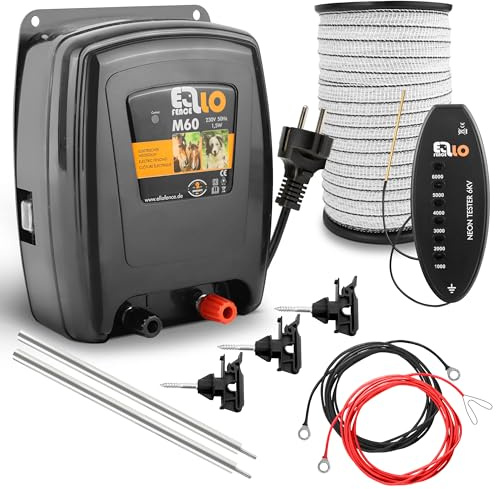 Ellofence Weidezaun Set für Pferde | 230V Komplettset mit 200m Weideband | Für einen zuverlässigen Pferdezaun | Inklusive Weidezaungerät 230V, Erdung, Isolatoren und LED Zaunprüfer