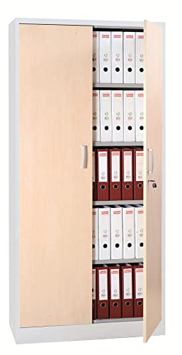 Aktenschrank Stahlschrank Büroschrank mit Dekor-Flügeltüren in Holzoptik, 195x92x42, Grau/Ahorn